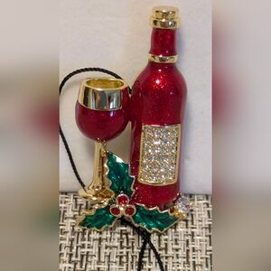 Festive Red Wine Decorative Pin with Holly Accents 3"